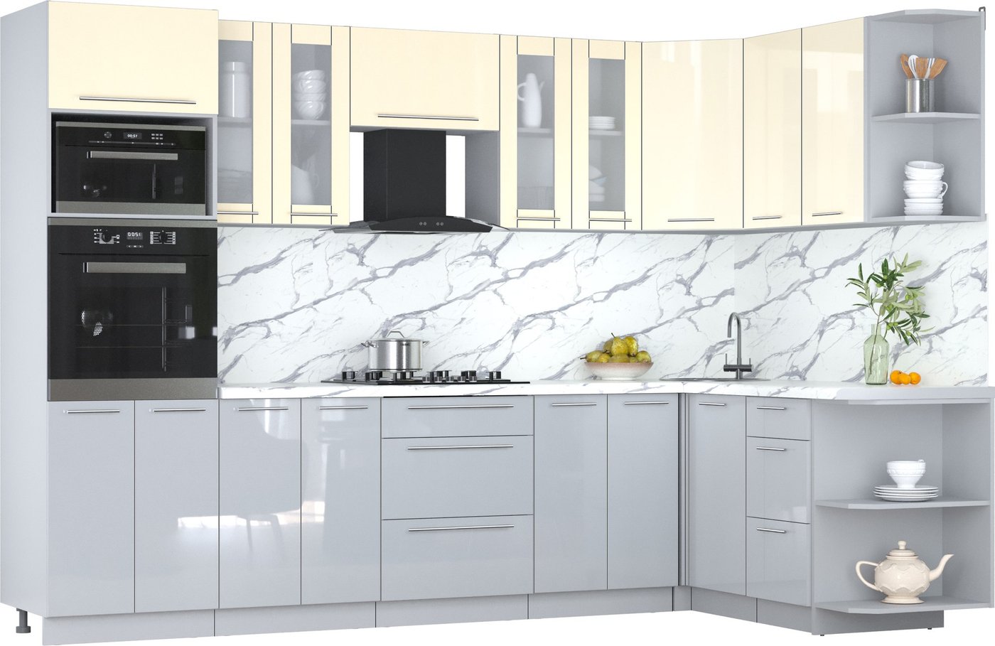 

Готовая кухня Интерлиния Мила Пластик 1.68x3.0 PR (ваниль/туманный глянец/белый гранит)