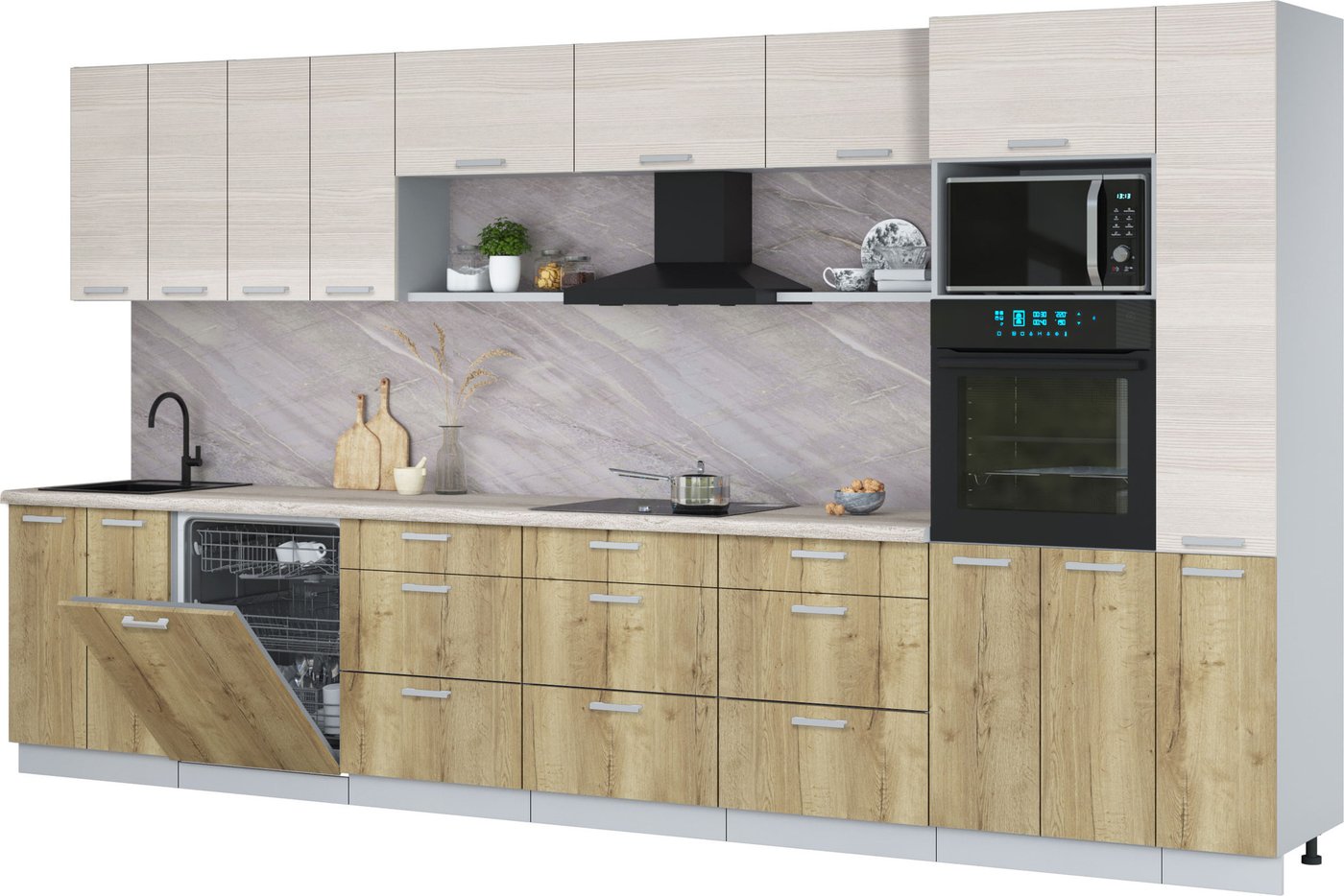 

Готовая кухня Интерлиния Мила Лайт 3.9-ПМ1 (вудлайн кремовый/дуб золотой/травертин серый)