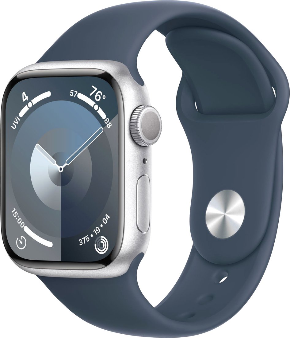 

Умные часы Apple Watch Series 9 41 мм (алюминиевый корпус, серебристый/грозовой синий, спортивный силиконовый ремешок M/L)