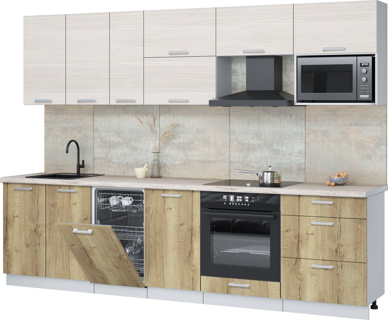 

Готовая кухня Интерлиния Мила Лайт 2.9-ПМ4 (вудлайн кремовый/дуб золотой/травертин серый)