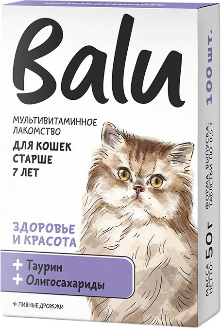 

Лакомство для кошек Balu Здоровье и красота для кошек старше 7 лет 50 г (100 таблеток)