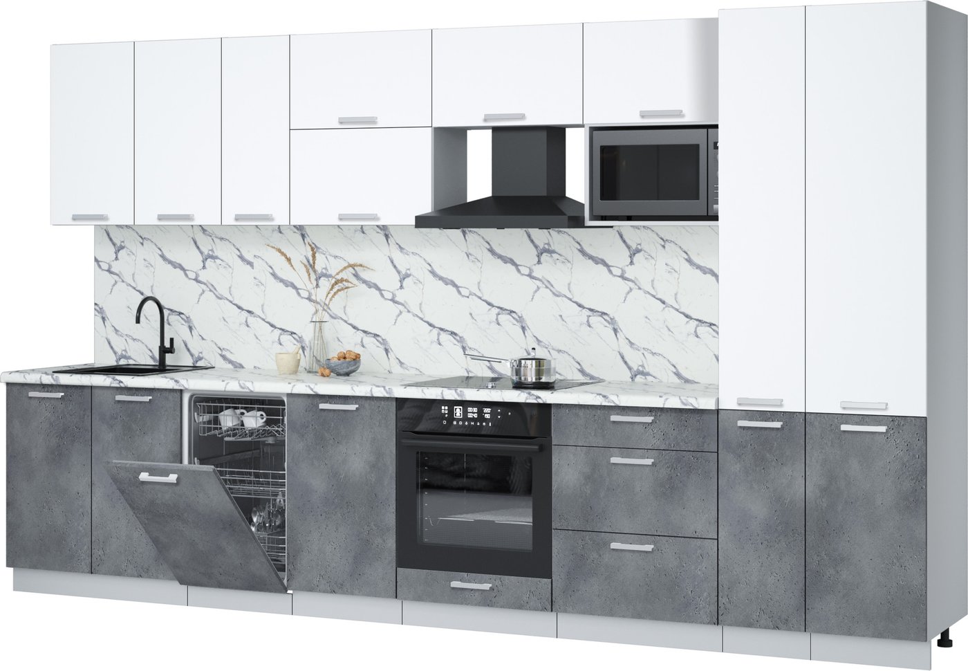 

Готовая кухня Интерлиния Мила Лайт 3.6-ПМ4 (белый платинум/бетон портленд/белый гранит)