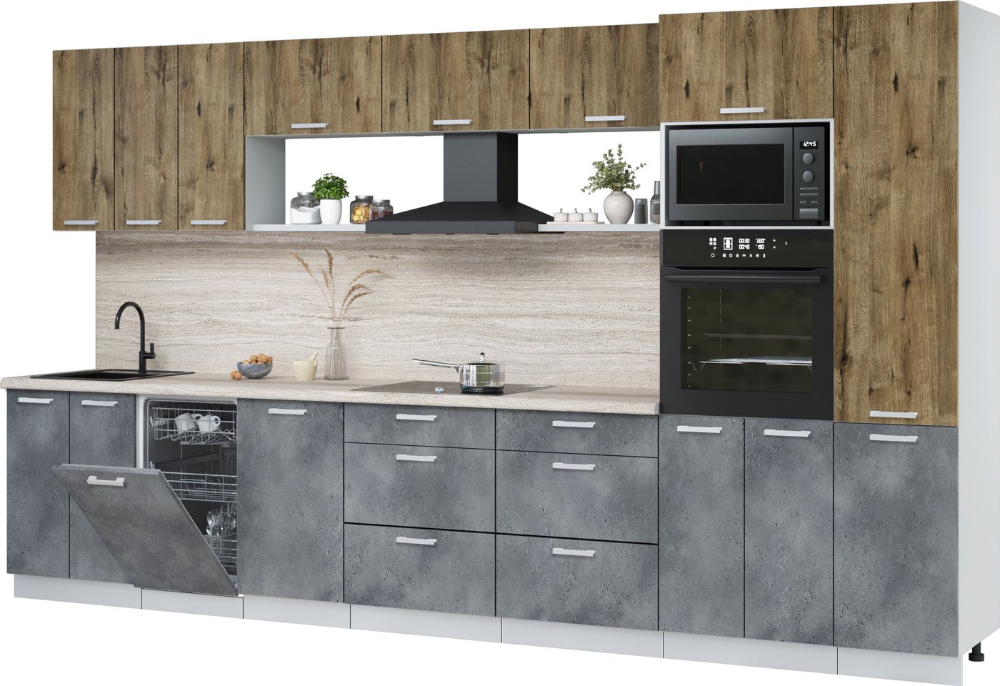 

Готовая кухня Интерлиния Мила Лайт 3.7-ПМ3 (дуб веллингтон/бетон портленд/травертин серый)