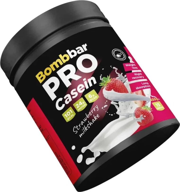 

Казеин Bombbar Pro Casein (450 г, клубничный милкшейк)