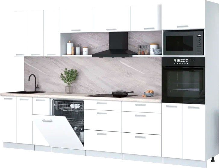 

Готовая кухня Интерлиния Мила Лайт 3.3-ПМ1-2 (белый платинум/белый платинум/травертин серый)