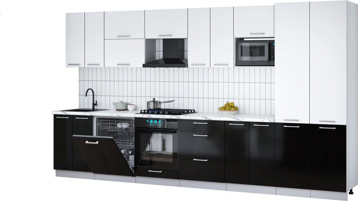 

Готовая кухня Интерлиния Мила Gloss 3.8-ПМ2 (черный глянец/белый/белый гранит)