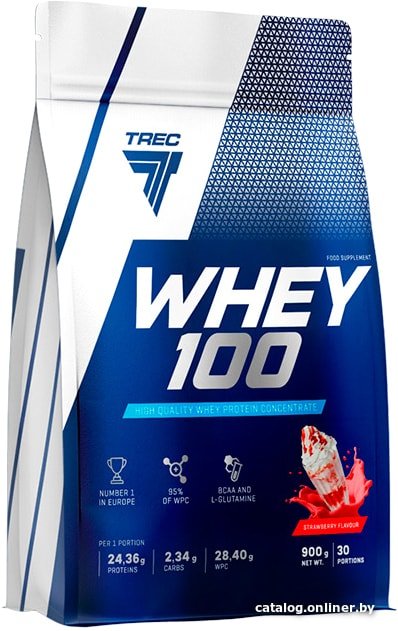 Протеин сывороточный (концентрат) Trec Nutrition Whey 100 (клубника, 900 г)