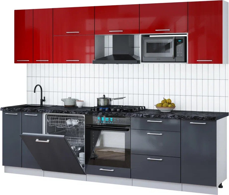 

Готовая кухня Интерлиния Мила Gloss 2.8-ПМ2 (асфальт глянец/красный глянец/кастилло темный)