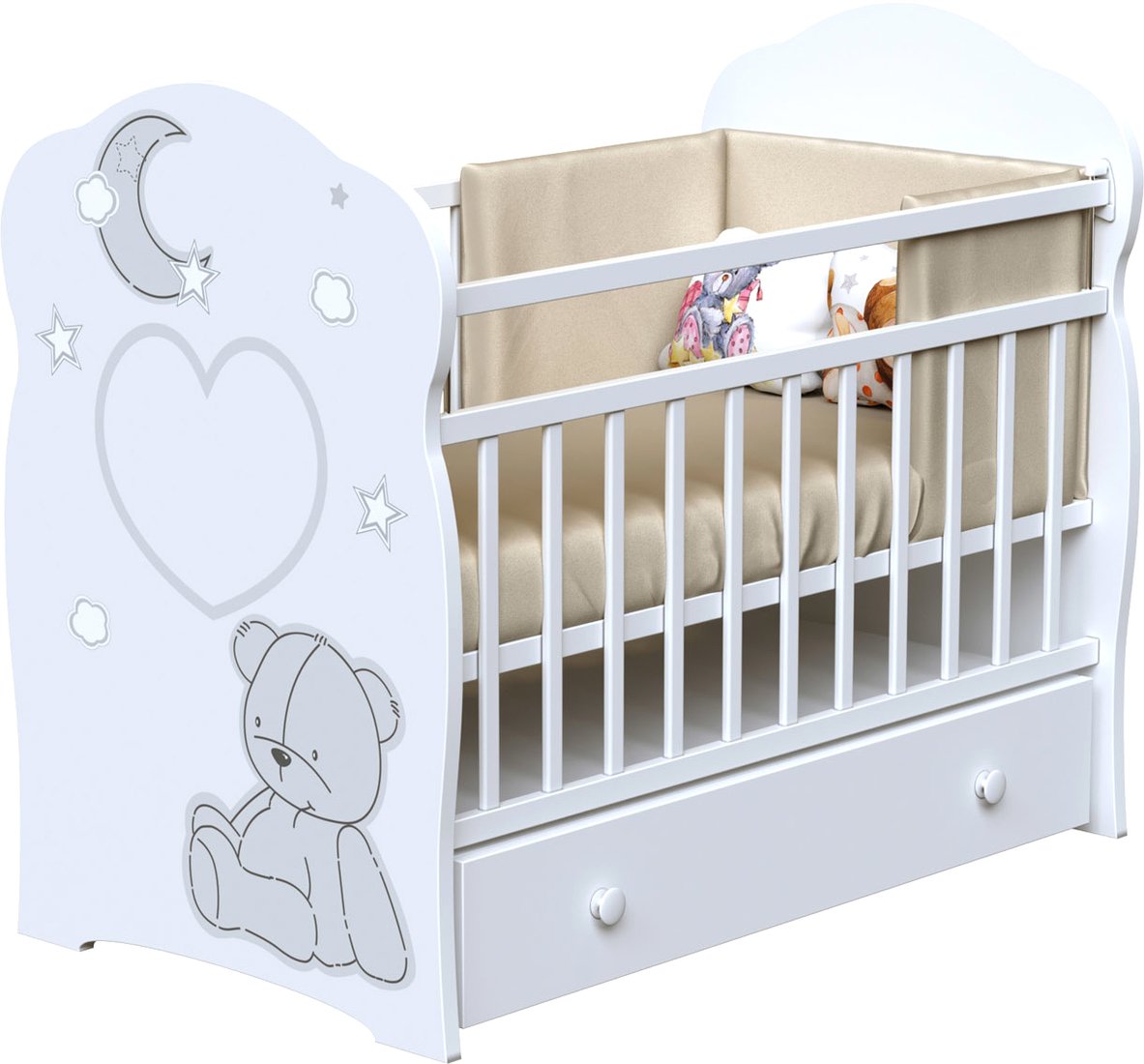 

Классическая детская кроватка VDK Bear And Moon маятник и ящик (белый)