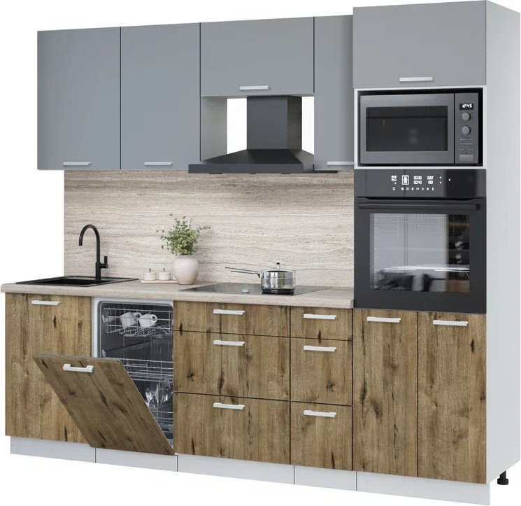 

Готовая кухня Интерлиния Мила Лайт 2.45-ПМ3 (серебро/дуб веллингтон/травертин серый)