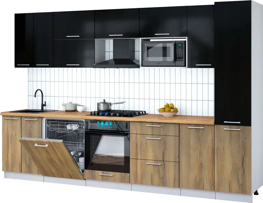 

Готовая кухня Интерлиния Мила Gloss 3.2-ПМ2 (дуб вотан/черный глянец/дуб бунратти)