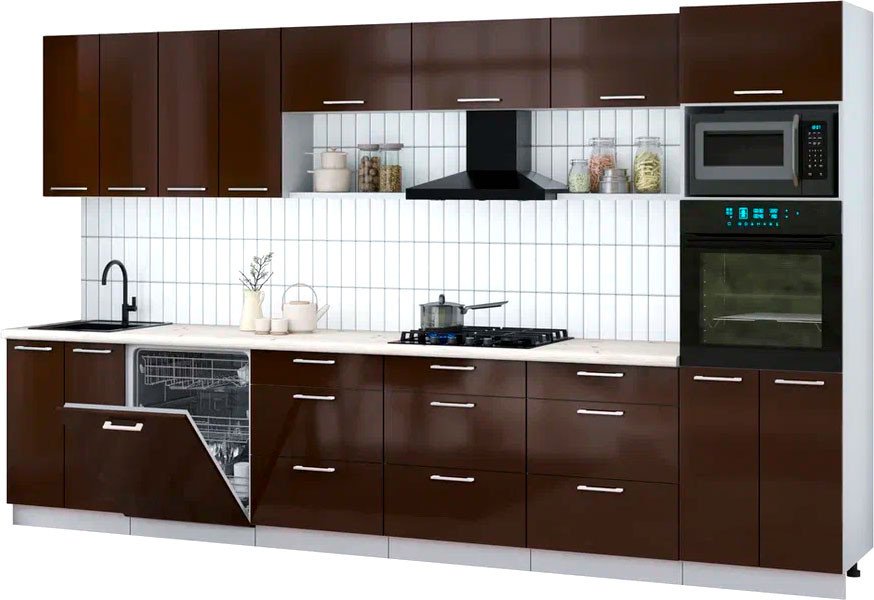 

Готовая кухня Интерлиния Мила Gloss 3.6-ПМ1-2 (шоколад глянец/шоколад глянец/бискайская сосна)