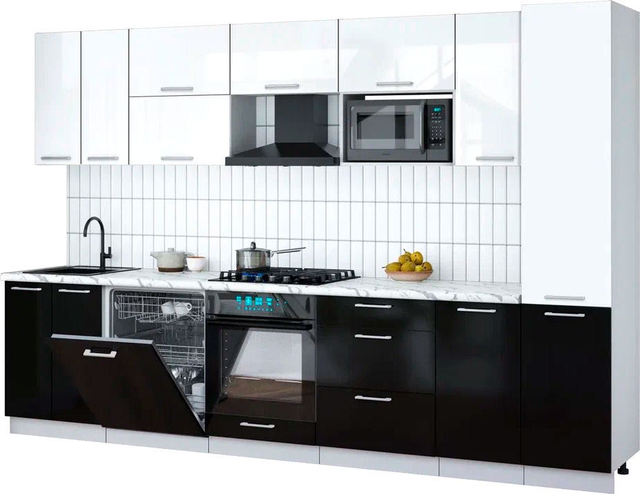 

Готовая кухня Интерлиния Мила Gloss 3.2-ПМ2 (черный глянец/белый глянец/белый гранит)