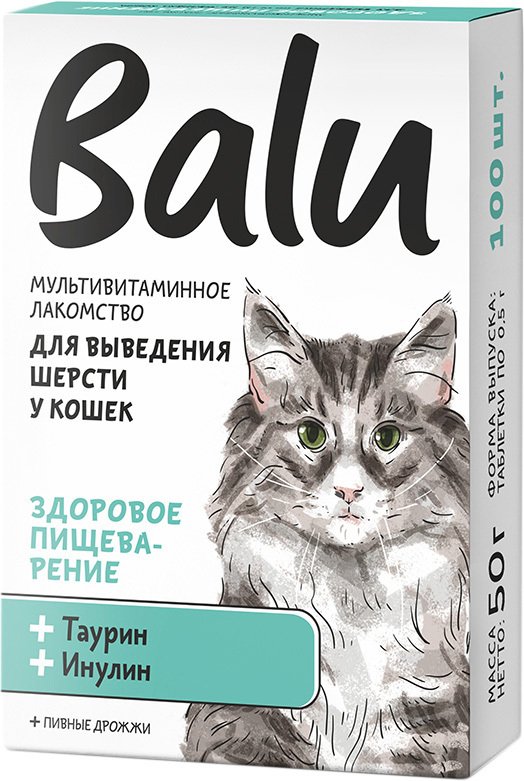 

Лакомство для кошек Balu Здоровое пищеварение для выведения шерсти кошек 50 г (100 таблеток)