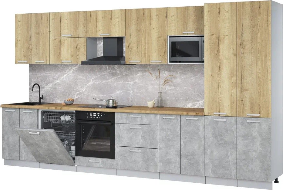 

Готовая кухня Интерлиния Мила Лайт 3.8-ПМ2 (дуб золотой/бетон/дуб бунратти)