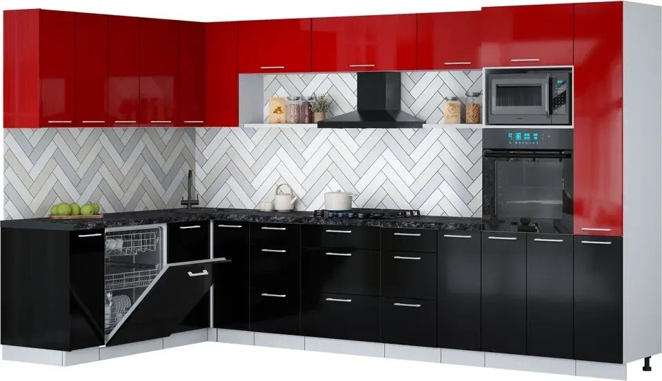 

Готовая кухня Интерлиния Мила Gloss 1.896х3.48 (черный глянец/красный глянец/кастилло темный)