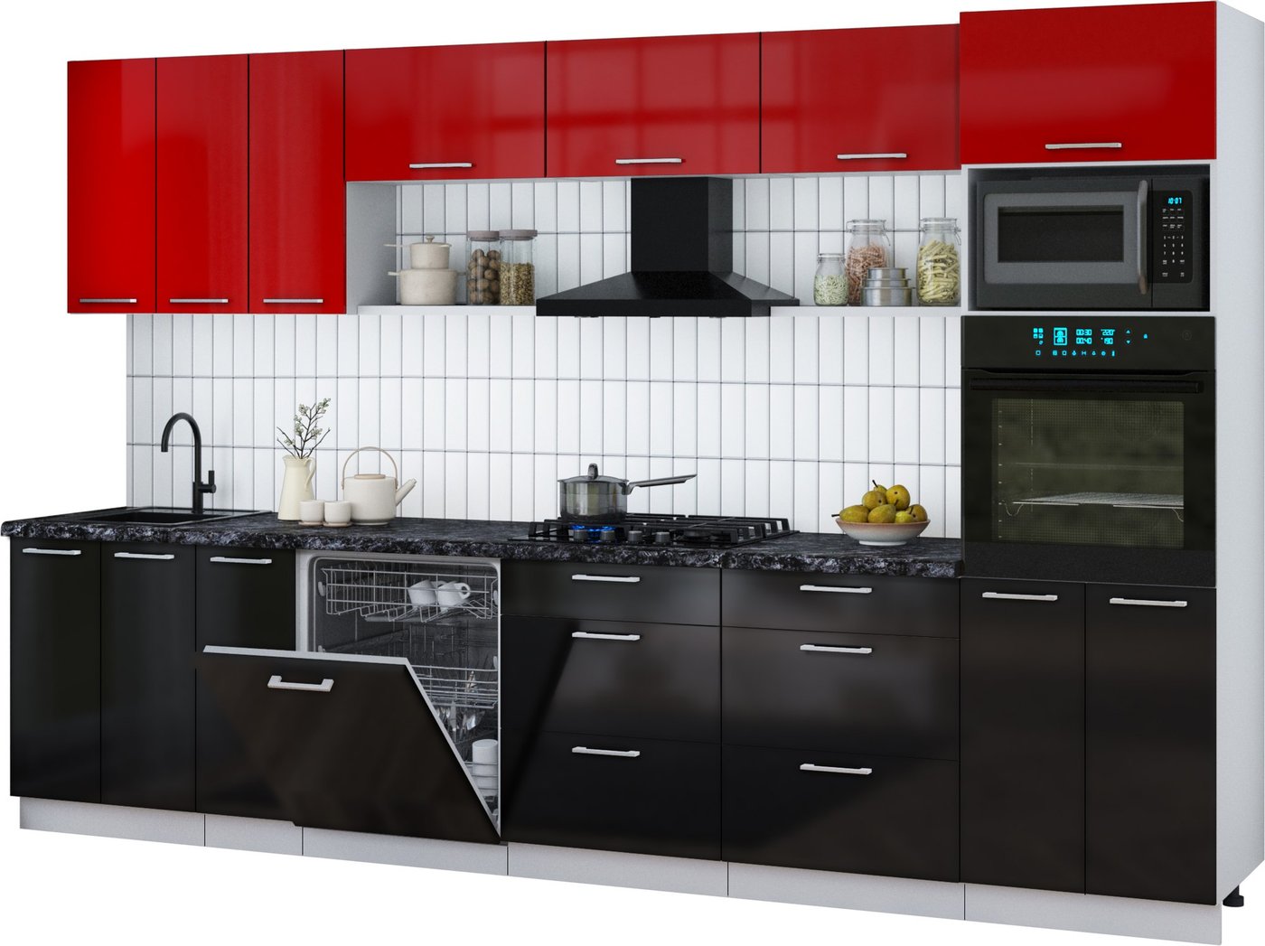 

Готовая кухня Интерлиния Мила Gloss 3.3-ПМ1-2 (черный глянец/красный глянец/кастилло темный)