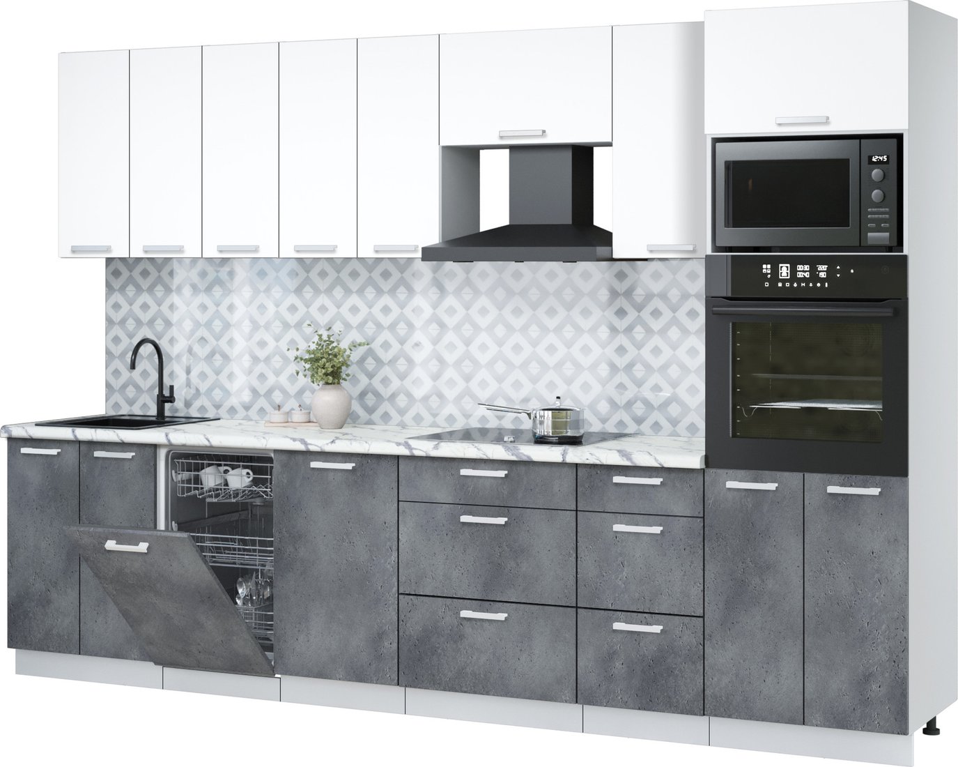 

Готовая кухня Интерлиния Мила Лайт 3.1-ПМ3 (белый платинум/бетон портленд/белый гранит)