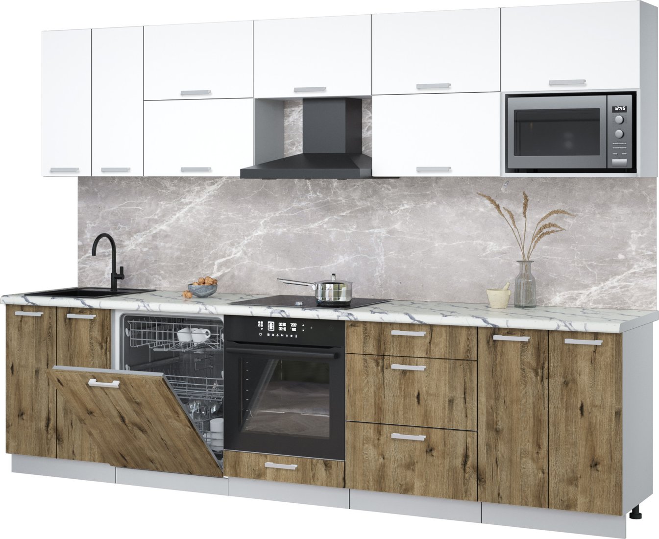 

Готовая кухня Интерлиния Мила Лайт 3.0-ПМ2 (белый платинум/дуб веллингтон/белый гранит)