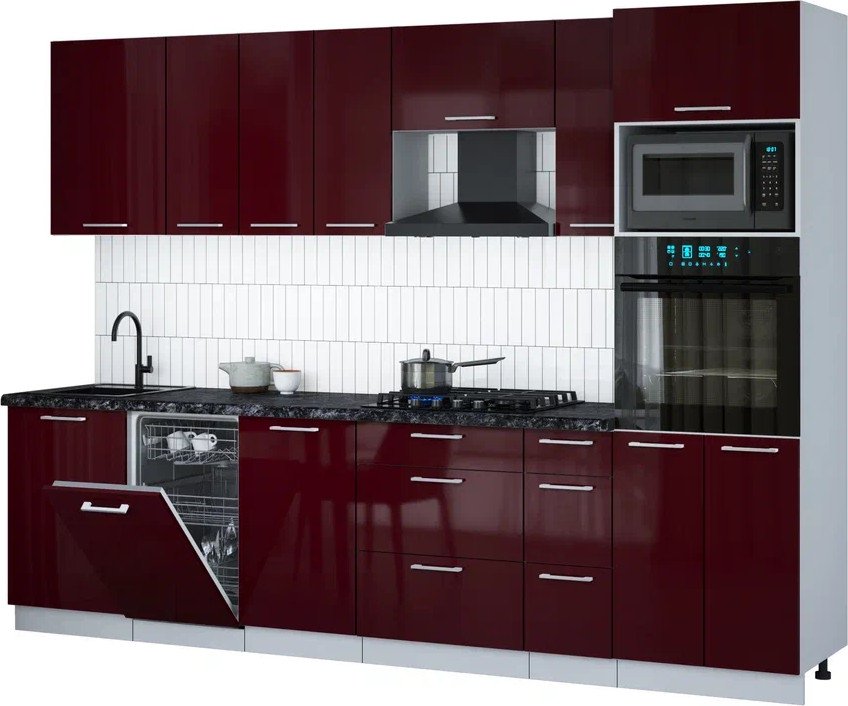 

Готовая кухня Интерлиния Мила Gloss 2.9-ПМ3 (бордовый глянец/бордовый глянец/кастилло темный)