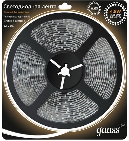 

Светодиодная лента Gauss LED 5050/30-SMD 7.2W 12V DC теплый белый IP66 311000107