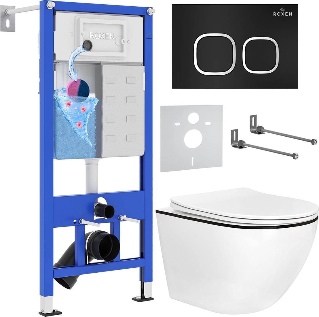 

Унитаз подвесной Roxen Antares Black в комплекте с инсталляцией StounFix Dual Fresh 6 в 1 964681 (кнопка: черный матовый)