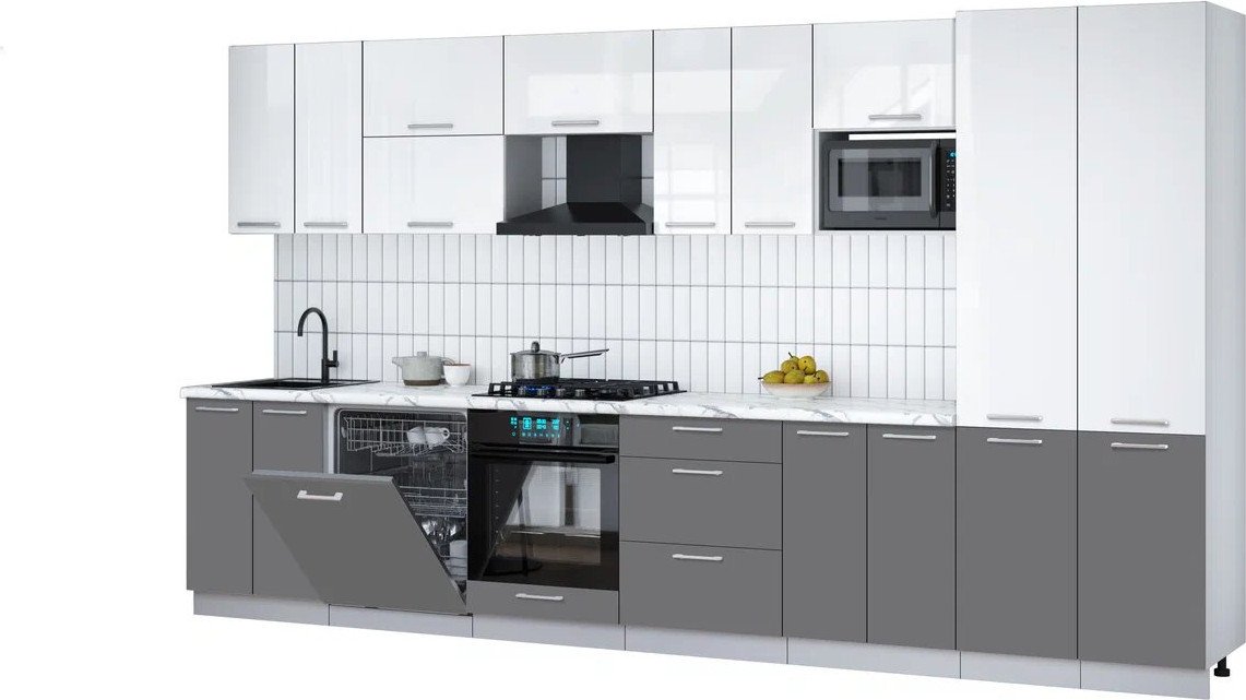 

Готовая кухня Интерлиния Мила Gloss 3.8-ПМ2 (серый/белый глянец/белый гранит)