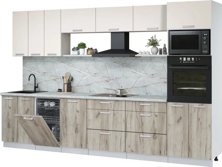 

Готовая кухня Интерлиния Мила Лайт 3.3-ПМ3 (персидский жемчуг/дуб серый/серый каспий)