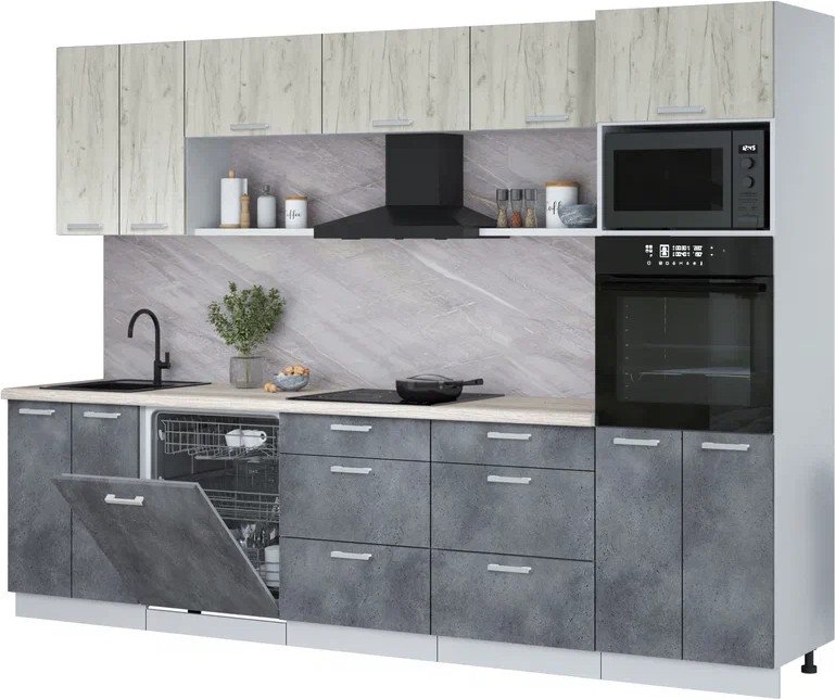 

Готовая кухня Интерлиния Мила Лайт 3.0-ПМ1 (дуб белый/бетон портленд/травертин серый)