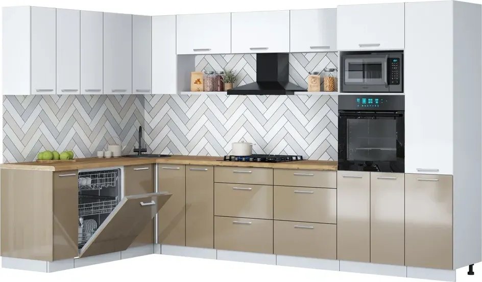 

Готовая кухня Интерлиния Мила Gloss 1.896х3.38 (капучино глянец/белый/дуб бунратти)