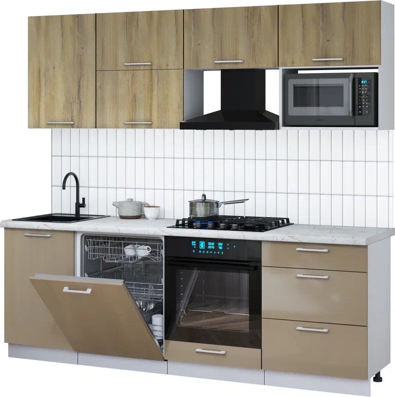 

Готовая кухня Интерлиния Мила Gloss 2.3-ПМ2 (капучино глянец/дуб вотан/серый каспий)