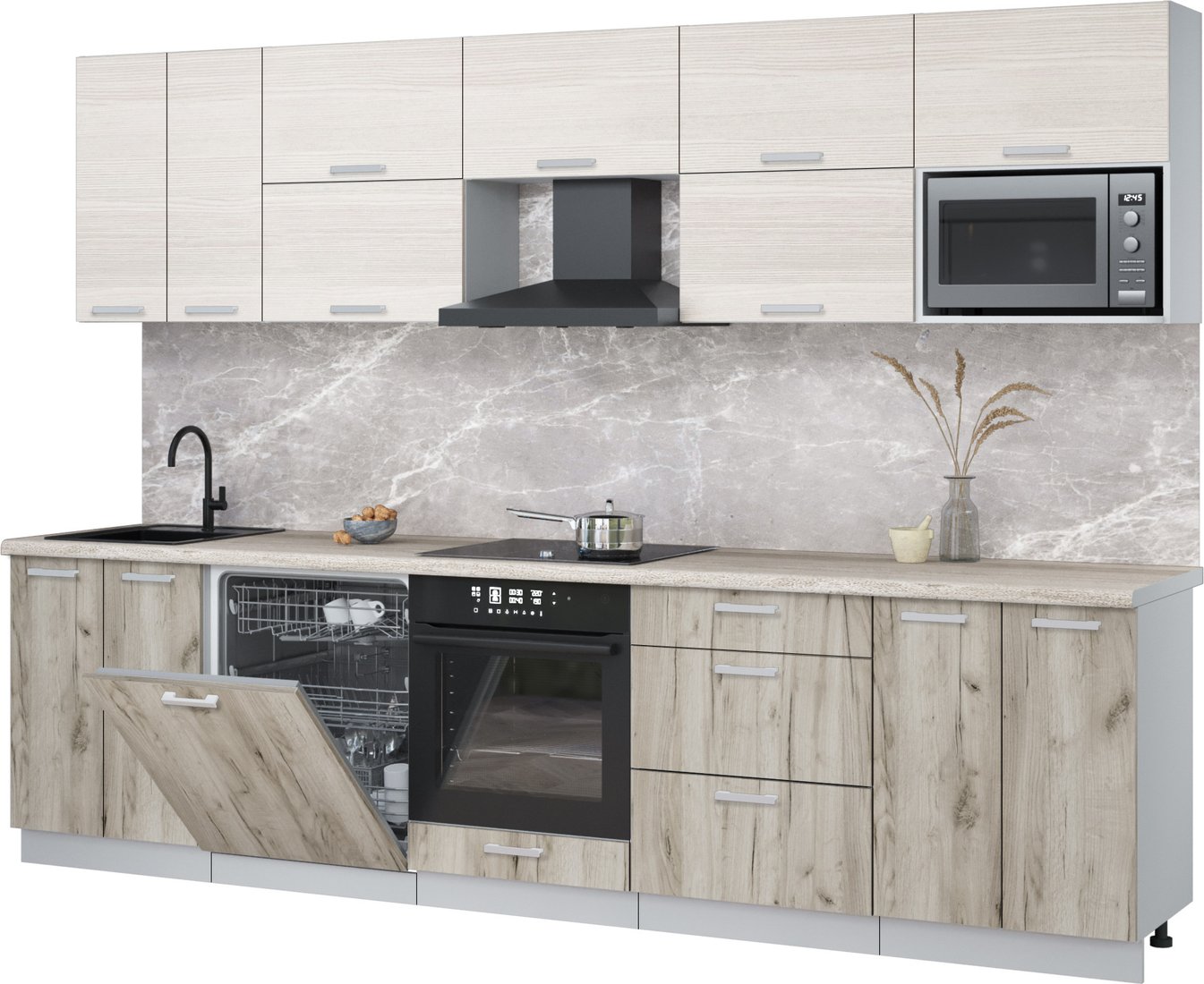 

Готовая кухня Интерлиния Мила Лайт 3.0-ПМ2 (вудлайн кремовый/дуб серый/травертин серый)