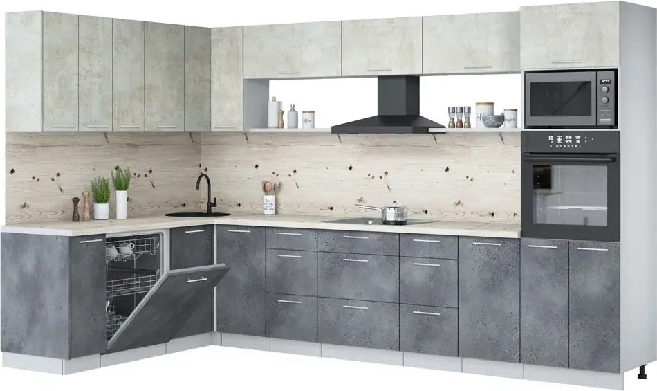 

Готовая кухня Интерлиния Мила Лайт 1.896х3.38-2 (бетон лайт/бетон портленд/бискайская сосна)