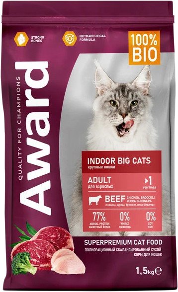 

Сухой корм для кошек Award Adult Indoor Big Сats (для крупных пород с говядиной и курицей с добавлением брокколи и Юкки Шидигера) 1.5 кг