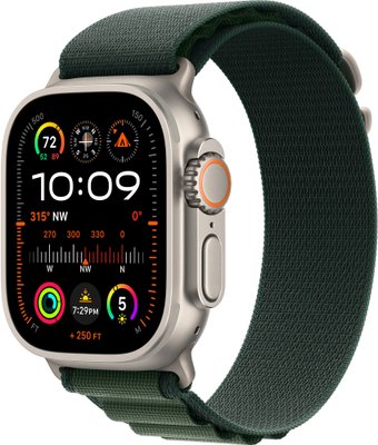 Apple Watch Ultra 2 LTE 49 мм (титановый корпус, титановый/зеленый, текстильный ремешок размера M)
