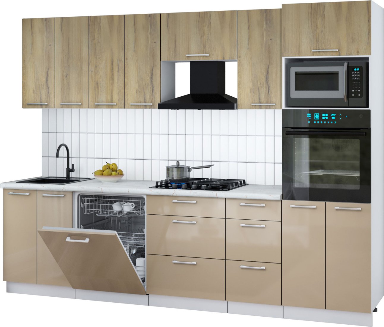 

Готовая кухня Интерлиния Мила Gloss 2.8-ПМ1 (капучино глянец/дуб вотан/серый каспий)