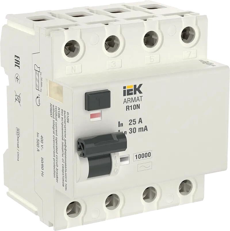

Дифференциальный автомат IEK 4P 25А 30мА тип AC AR-R10N-4-025C030