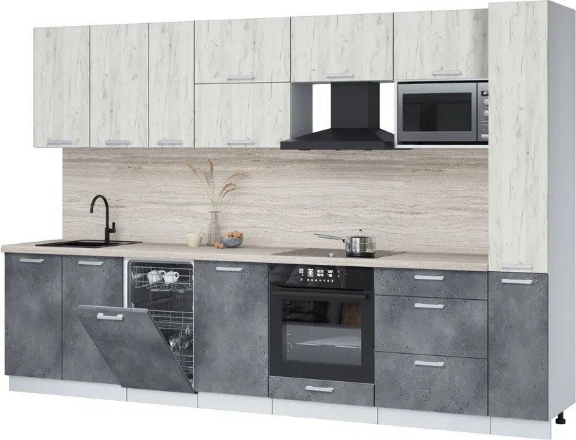 

Готовая кухня Интерлиния Мила Лайт 3.2-ПМ4 (дуб белый/бетон портленд/травертин серый)