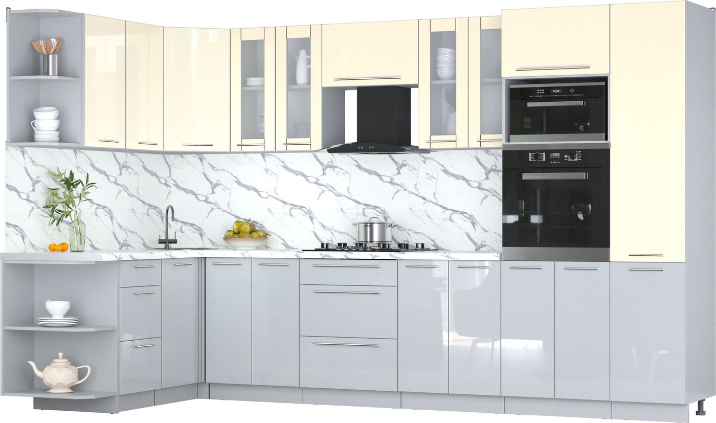 

Готовая кухня Интерлиния Мила Пластик 1.68x3.4 LV (ваниль/туманный глянец/белый гранит)