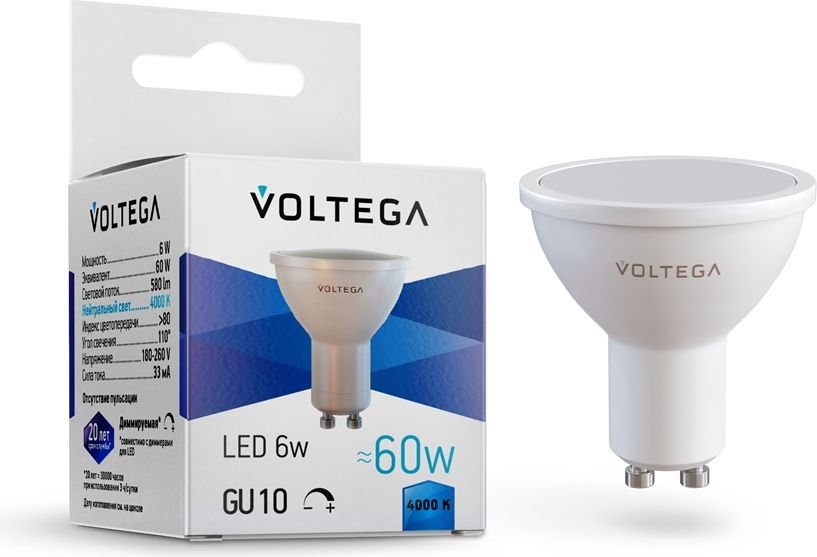 

Светодиодная лампочка Voltega Simple MR16 6W 4000K 110° GU10 DIM 8458