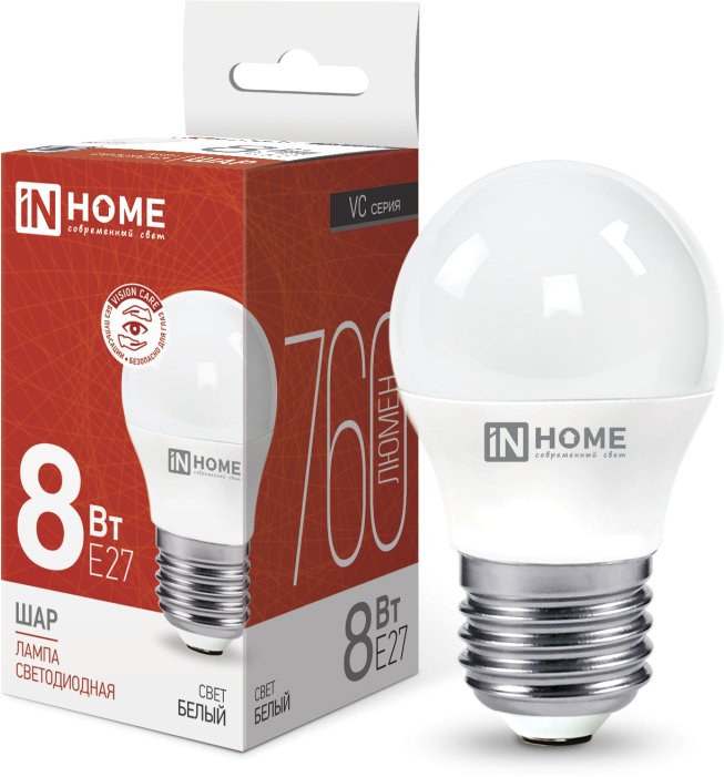 

Светодиодная лампочка In Home LED-Шар-VC 8Вт 230В Е27 4000К 760Лм 4690612020570