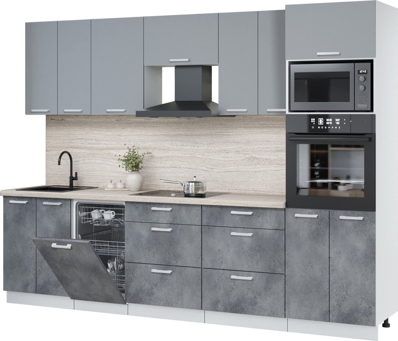 

Готовая кухня Интерлиния Мила Лайт 2.85-ПМ3 (серебро/бетон портленд/травертин серый)