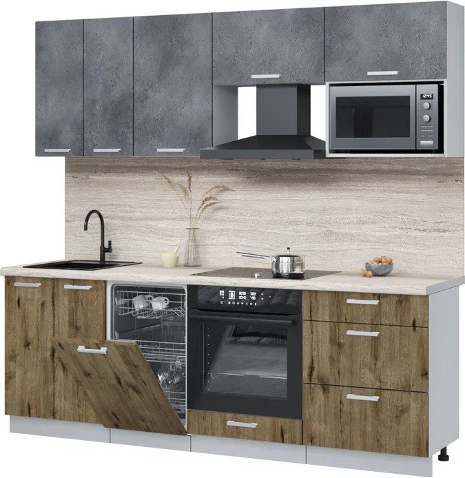 

Готовая кухня Интерлиния Мила Лайт 2.25-ПМ4 (бетон портленд/дуб веллингтон/травертин серый)