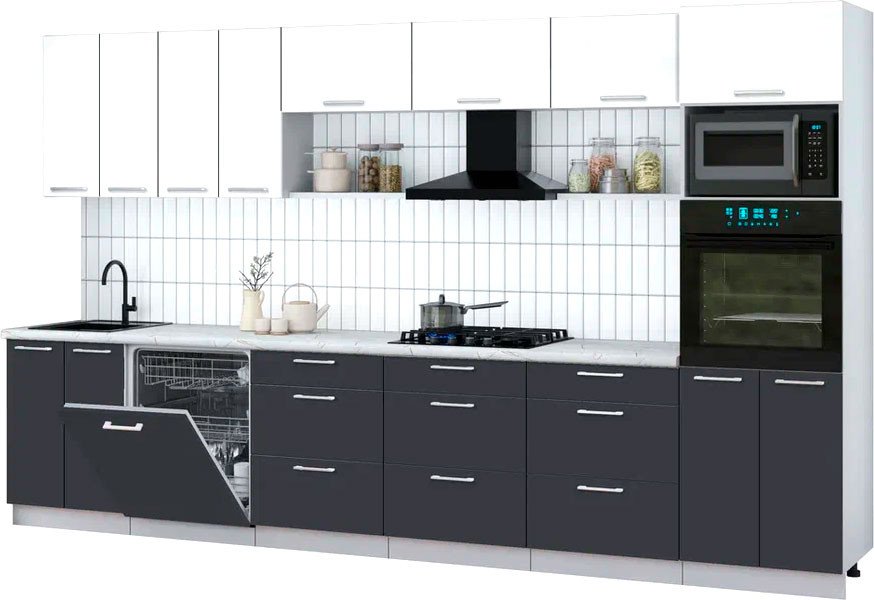 

Готовая кухня Интерлиния Мила Gloss 3.6-ПМ1-2 (пепел/белый глянец/серый каспий)