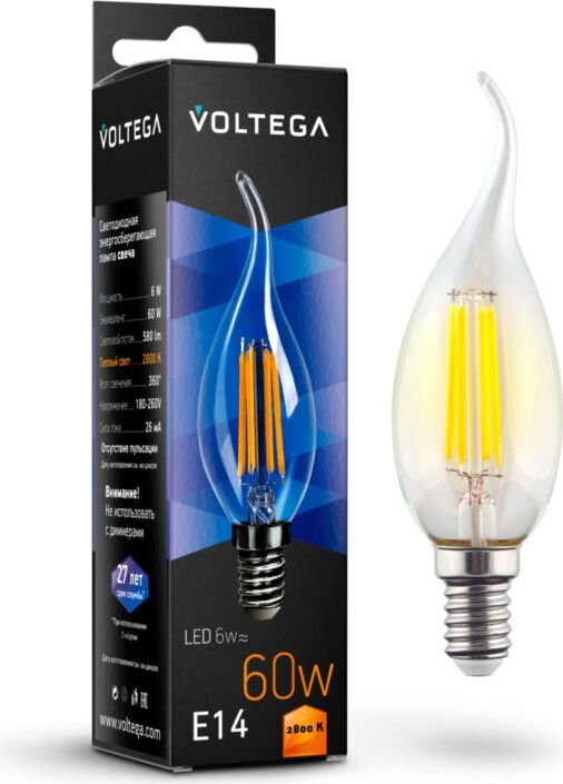 

Светодиодная лампочка Voltega Crystal Candle wind 6W 2800K E14 7017