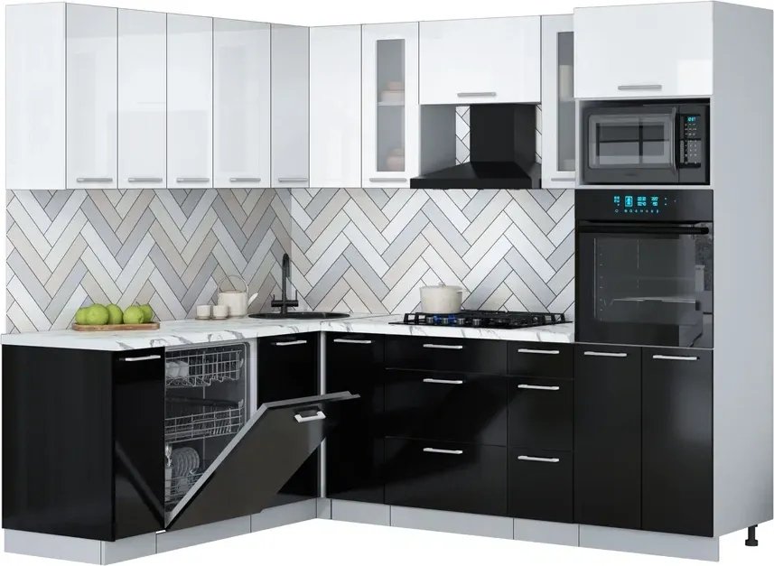 

Готовая кухня Интерлиния Мила Gloss 1.896х2.38 (черный глянец/белый глянец/белый гранит)