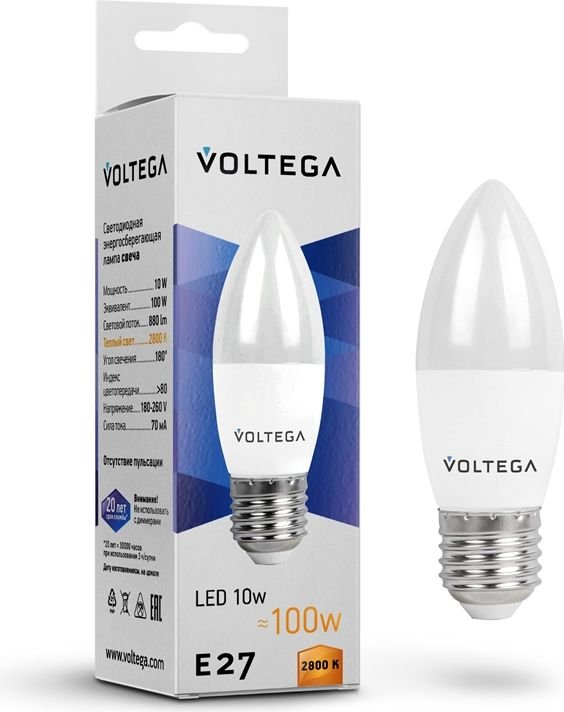 

Светодиодная лампочка Voltega Simple Candle 10W 2800K E27 8451