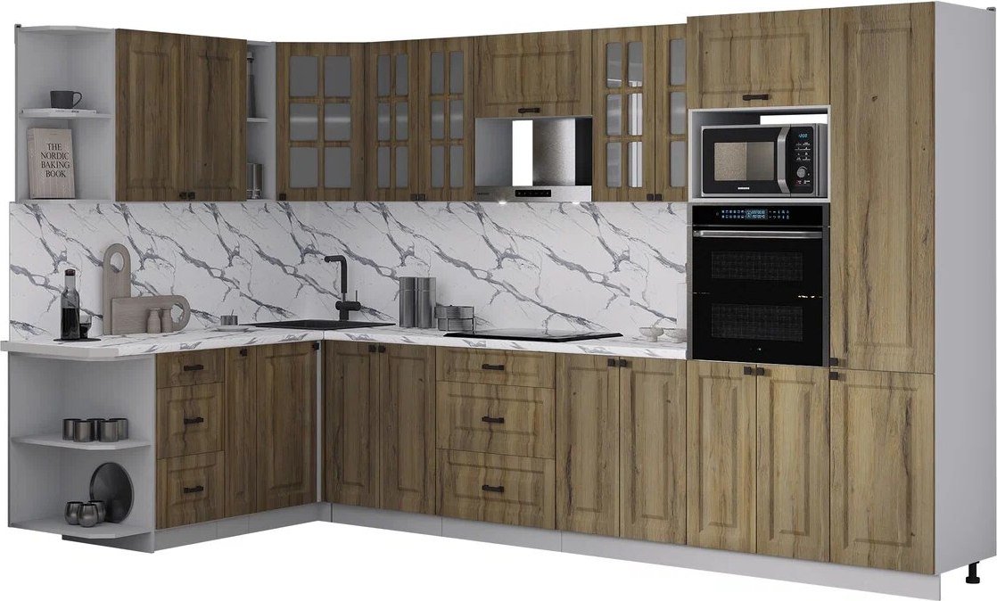 

Готовая кухня Интерлиния Мила Деко 1.88x3.4 LV (дуб вотан/дуб вотан/белый гранит)