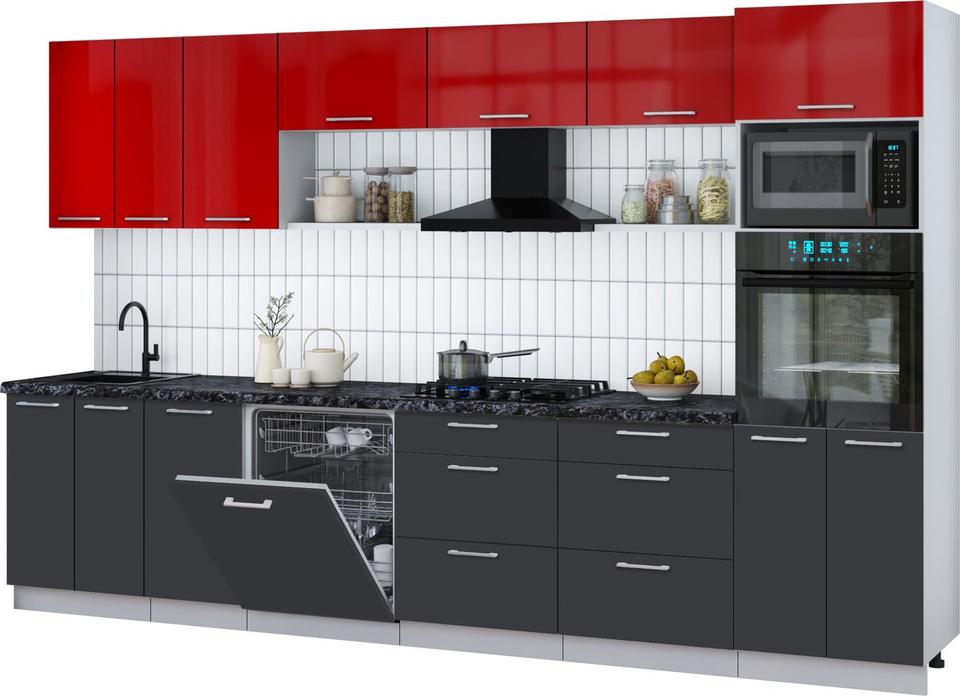 

Готовая кухня Интерлиния Мила Gloss 3.4-ПМ1-2 (пепел/красный глянец/кастилло темный)