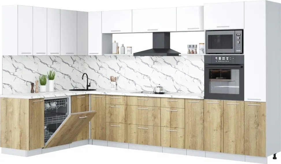 

Готовая кухня Интерлиния Мила Лайт 1.896х3.48 (белый платинум/дуб золотой/белый гранит)